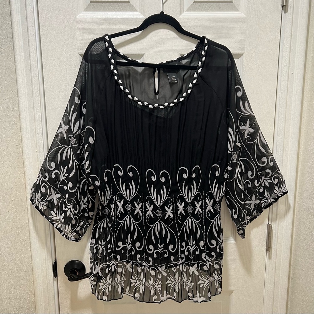 Lane Bryant Black Sheer Blouse with White Embroidered Pattern Size 18/20 (2X)